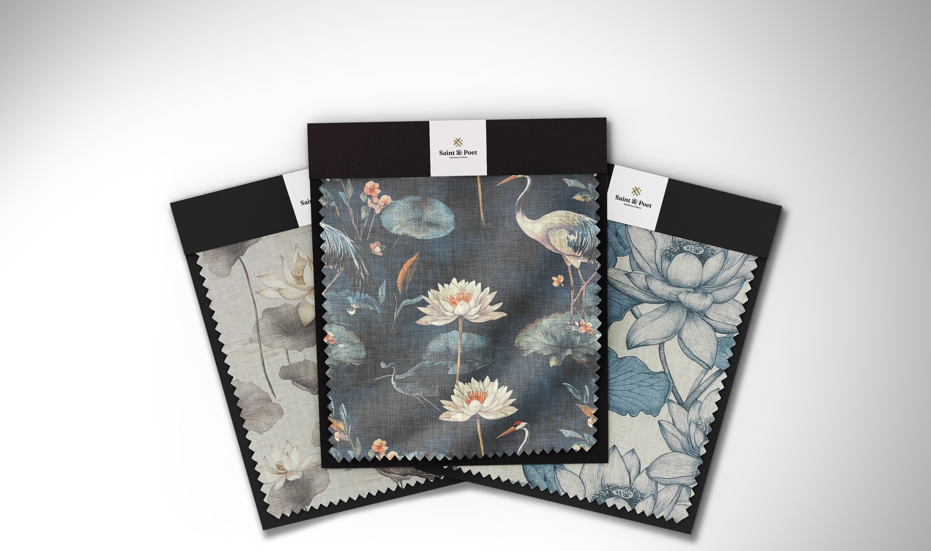 Lotus Upholstery Fabric collection swatches featuring painterly lotus flowers, cranes, and lily pads on linen blend upholstery fabric