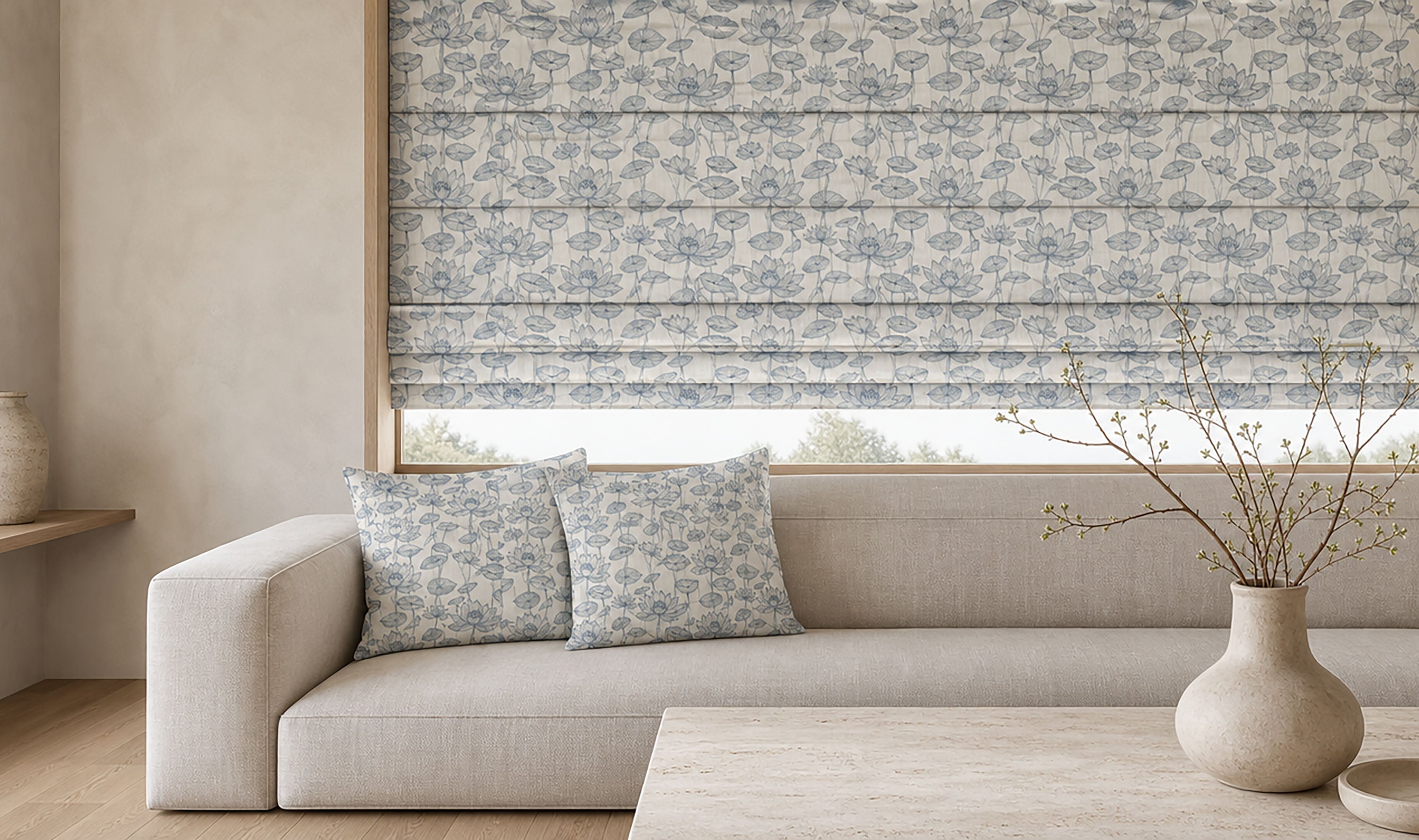 Lotus linen curtain fabric collection with floral lotus, crane and waterlily designs in navy, sage, blush, grey and soft blue tones