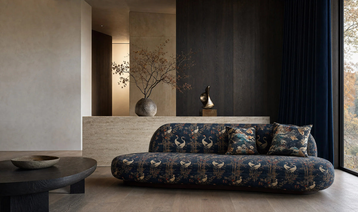 Mori Crib5 velvet fabric collection with Japanese-inspired floral designs for commercial upholstery