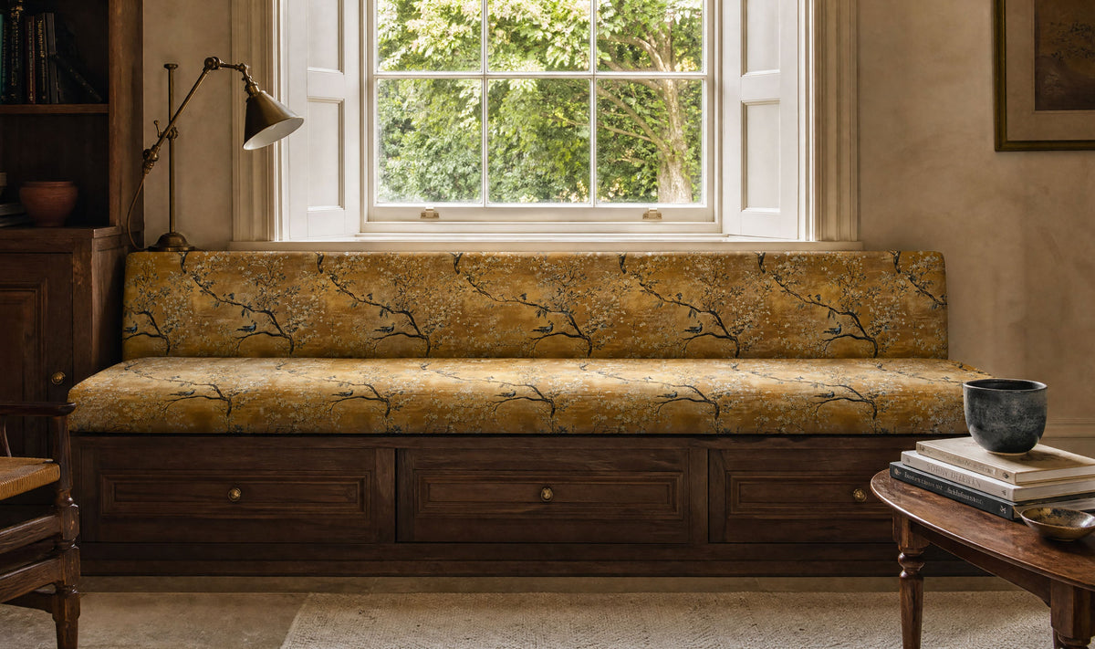 Pavone Crib5 velvet upholstery fabric collection with peacock and bird prints for luxury contract seating