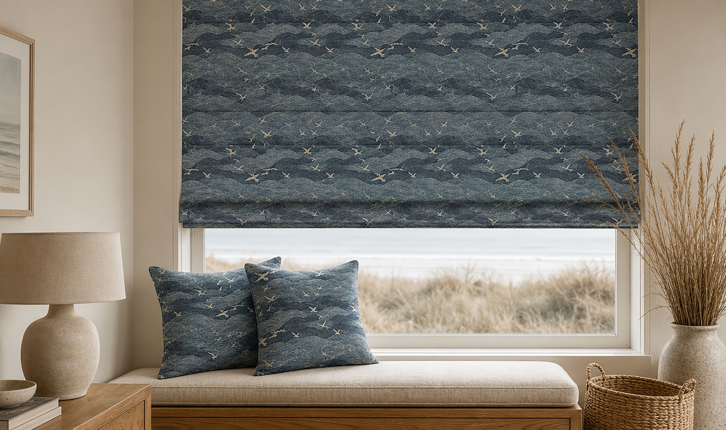 Waves curtain fabric collection with blue, grey and black coastal wave patterns on linen cotton fabric
