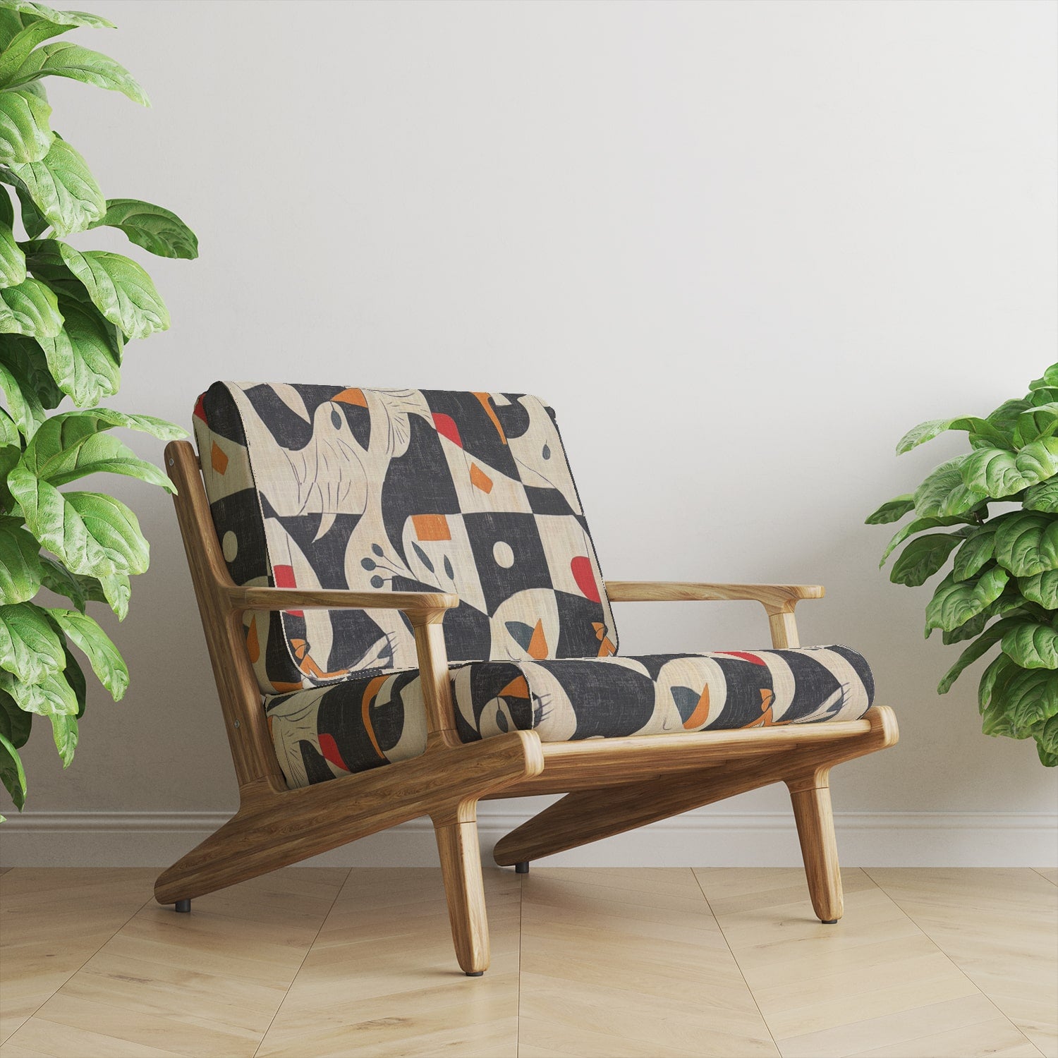  A contemporary wooden chair upholstered in Abstract No.20 fabric, showcasing its artistic composition and bold contrast.