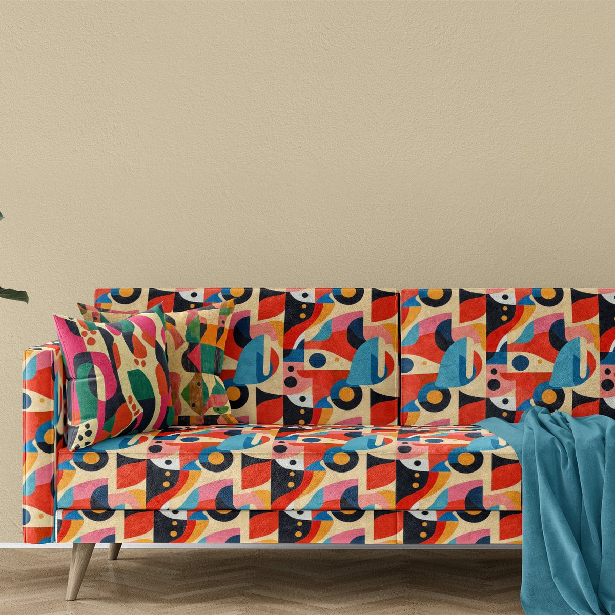 Sofa upholstered in Abstract No.10 multicolour modernist printed Crib5 velvet