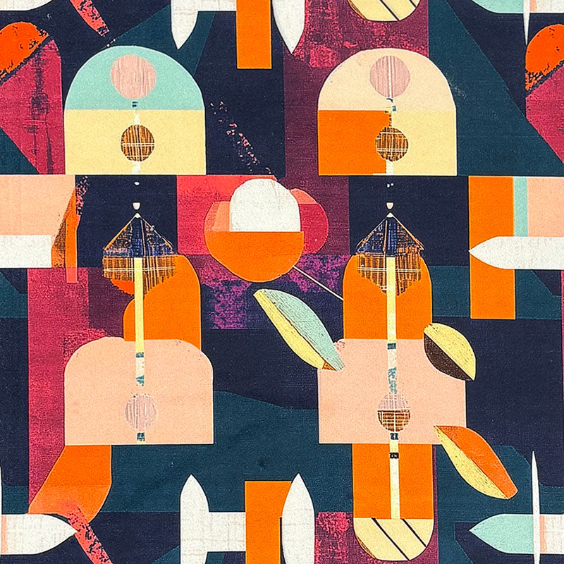 Abstract No.13 navy and orange Crib5 velvet fabric with architectural tiled geometric motifs