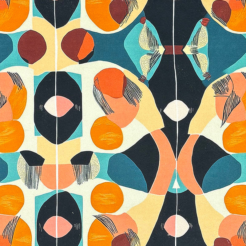 Abstract No.14 Crib5 velvet fabric in navy, teal, orange and blush symmetrical mid-century geometry