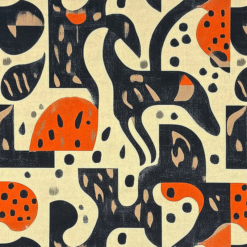 Abstract No.17 cream Crib5 velvet fabric with bold black and orange organic block motifs