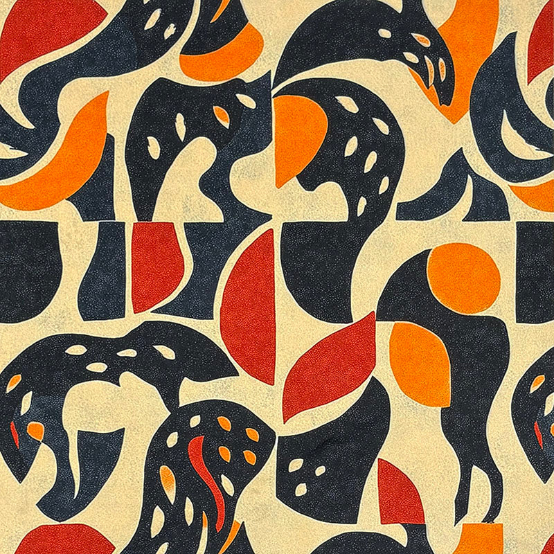 Abstract No.18 Crib5 velvet fabric with black and orange figurative painterly shapes on cream