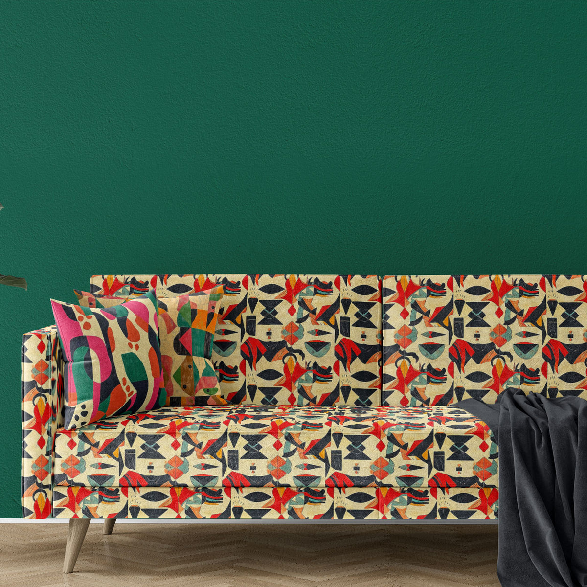 Sofa upholstered in Abstract No.19 cubist-style multicolour printed velvet