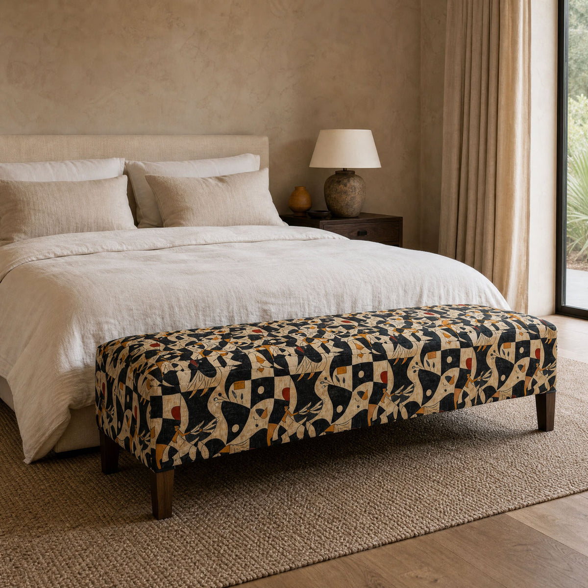Upholstered bench in Abstract No.20 black cream and orange graphic velvet