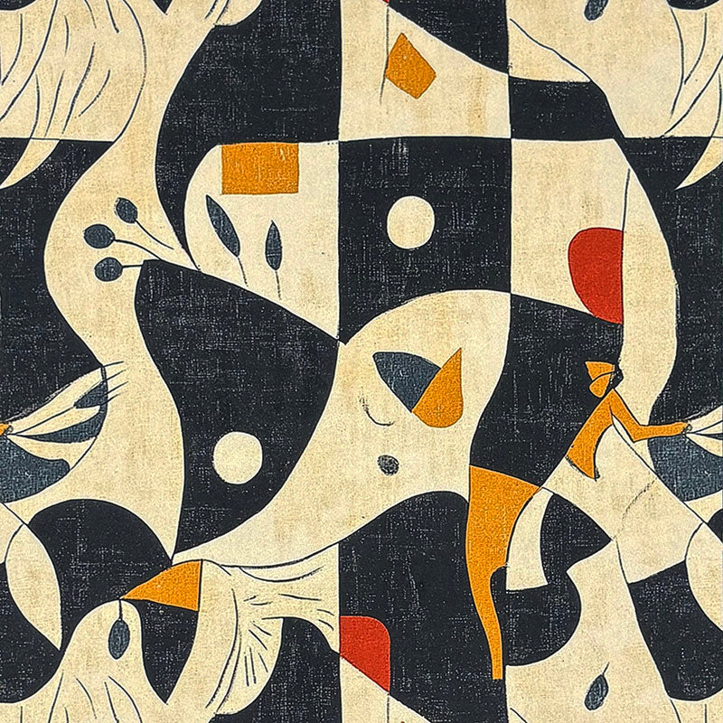 Abstract No.20 black and cream Crib5 velvet fabric with graphic organic motifs and orange accents