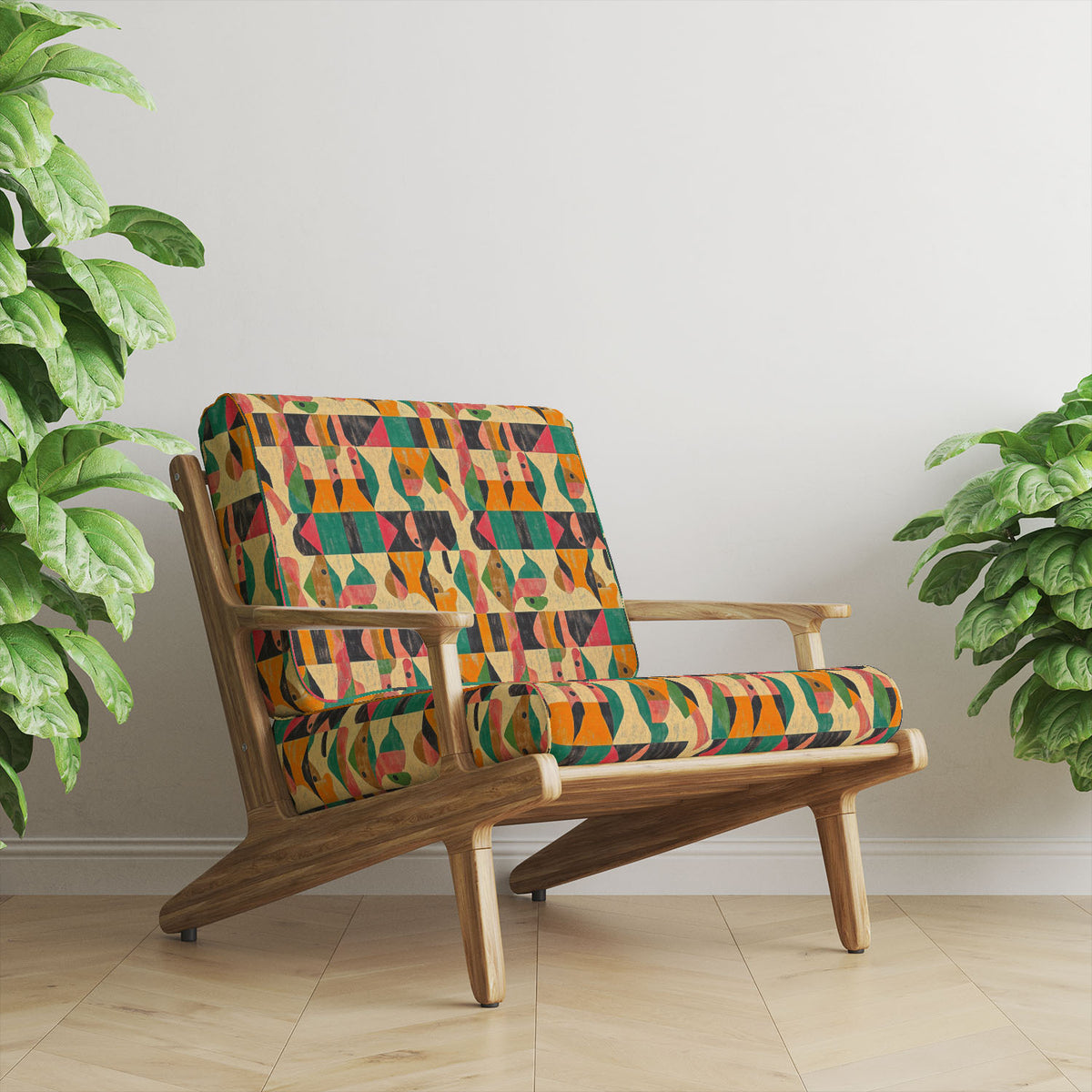 Statement chair upholstered in Abstract No.24 multicolour geometric printed velvet