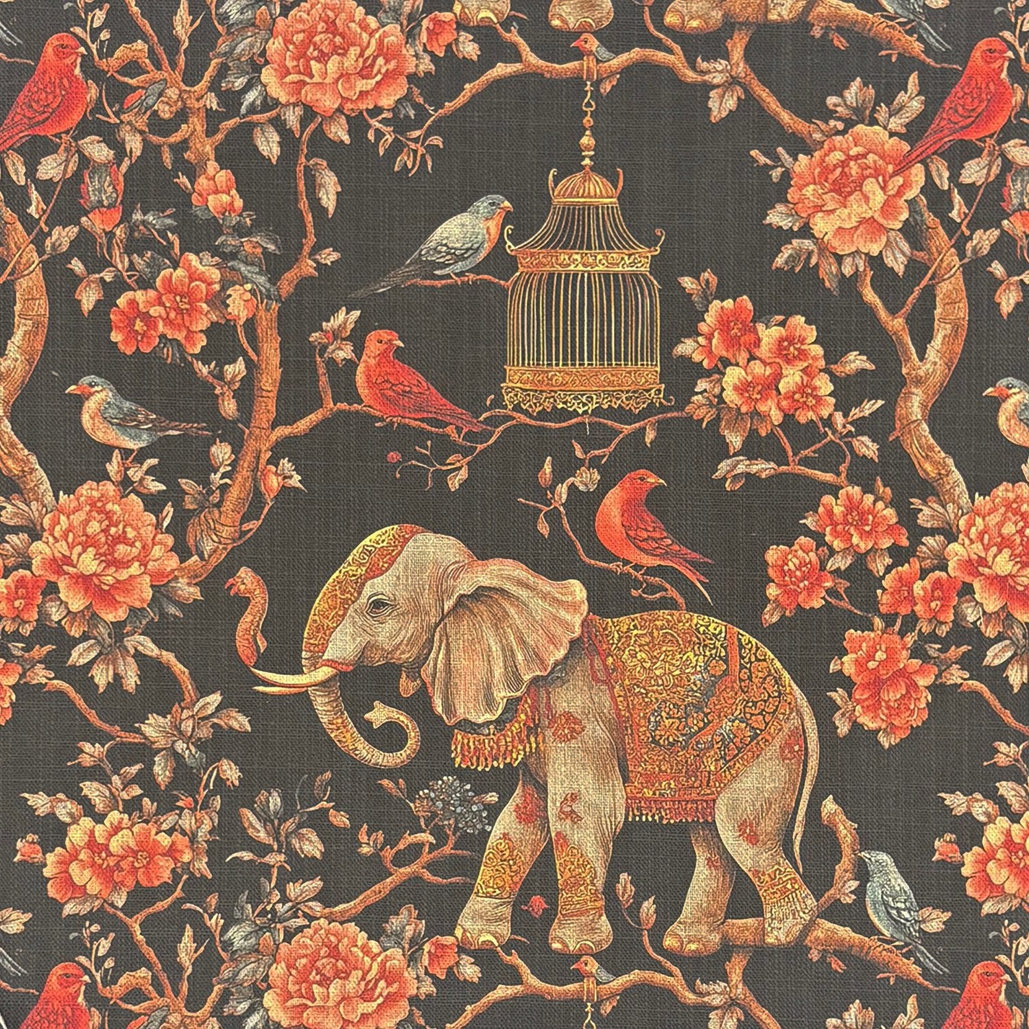 Agra No.10 curtain fabric featuring elephant motif, floral branches and birds on dark cotton linen basecloth