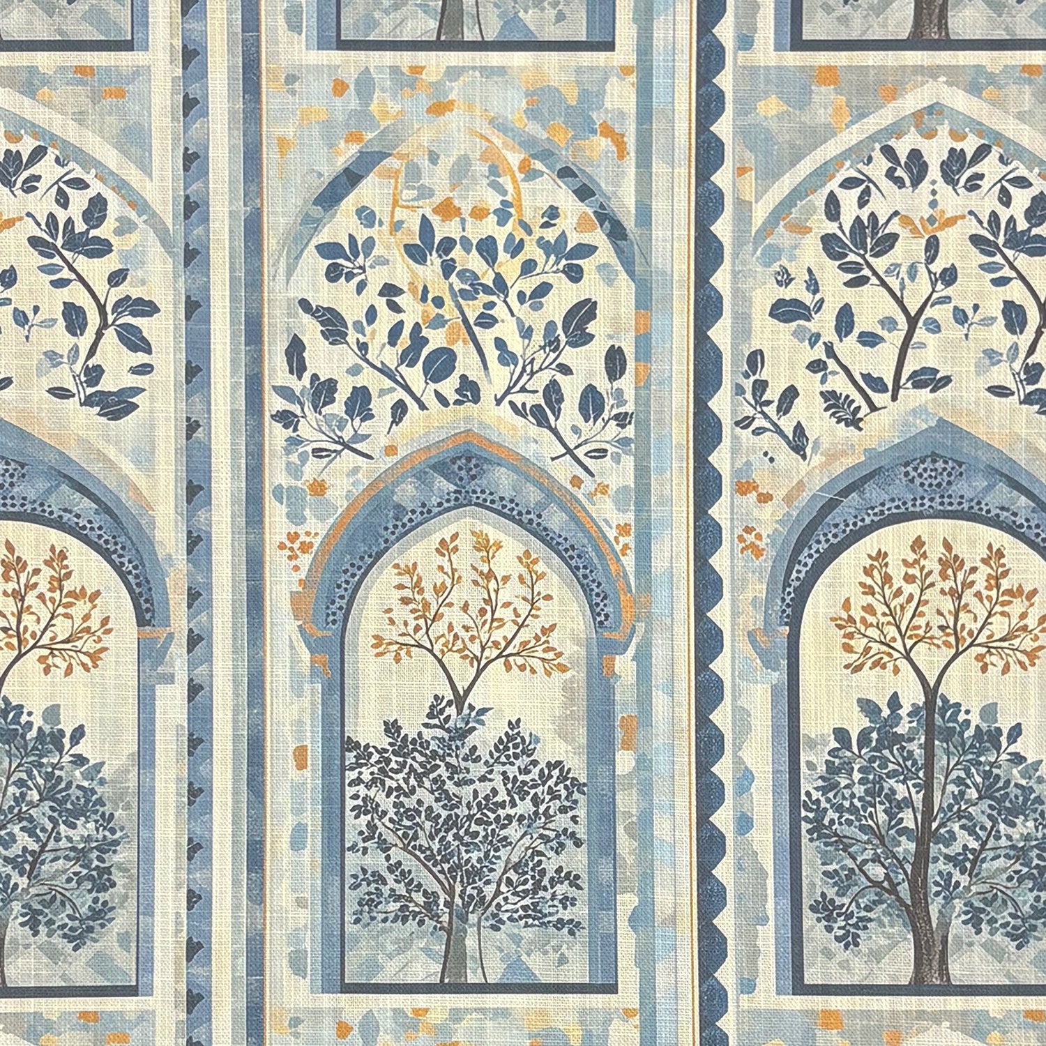 Agra No.2 curtain fabric featuring architectural arch design with stylised trees on cotton linen basecloth