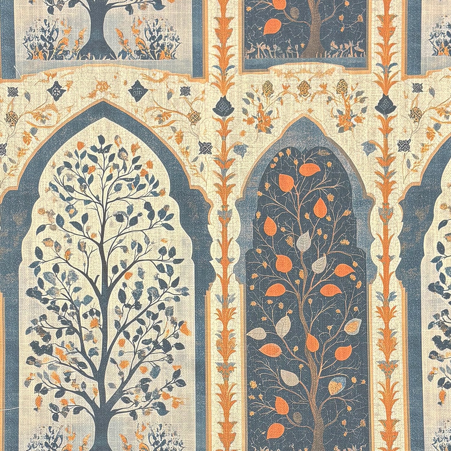 Agra No.4 curtain fabric featuring Indian arch panels with botanical trees on cotton linen basecloth
