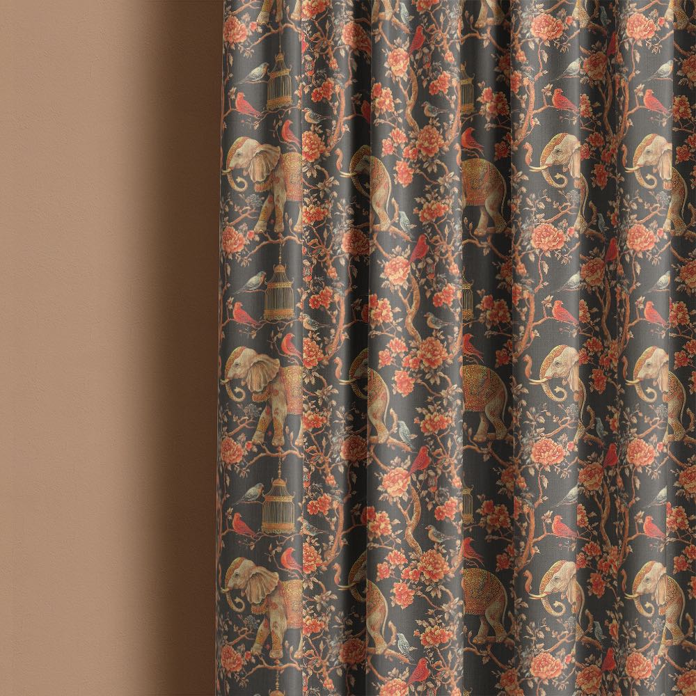 Agra No.10 curtain fabric made into full length curtains showing elephants, songbirds and Indian garden design