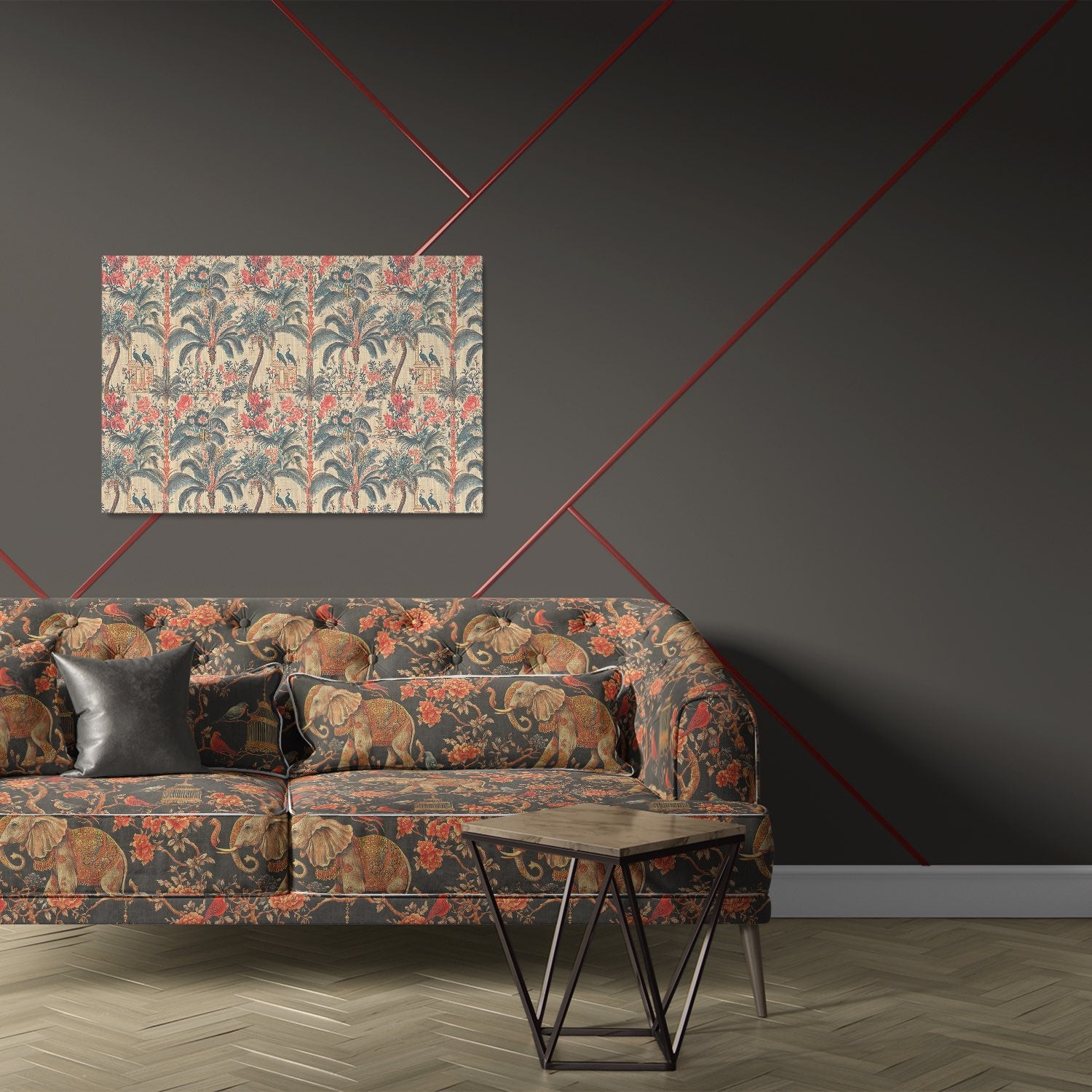 Agra No.10 upholstery fabric used on sofa with contrasting dark interior setting