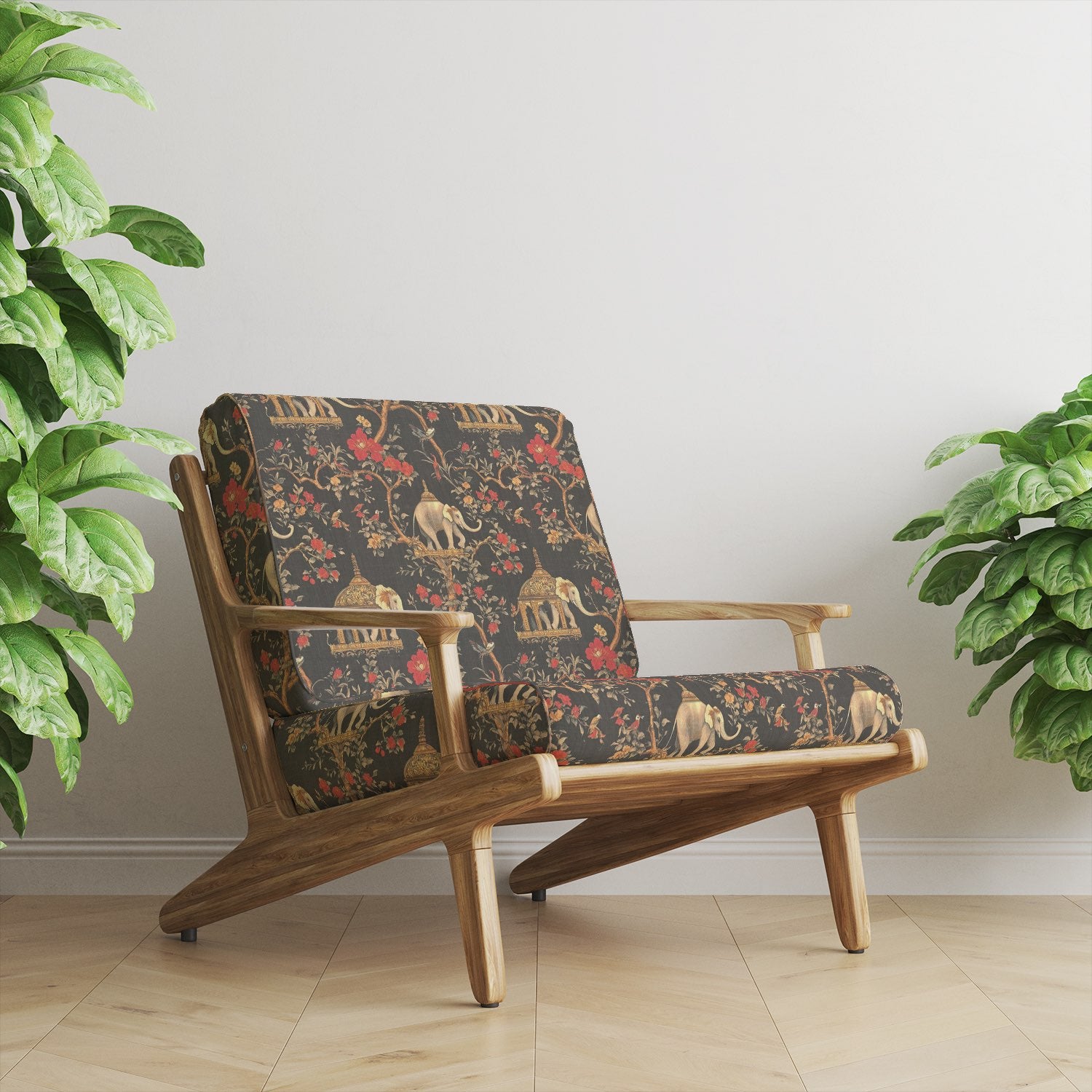 Upholstery fabric on mid-century lounge chair – Agra No.11 with elephants and red florals