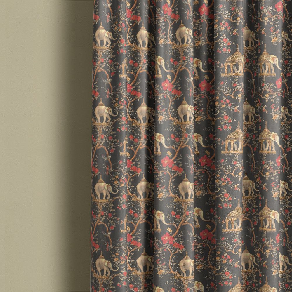 Agra No.11 curtain fabric made into full length curtains showing elephants, florals and Indian garden detailing