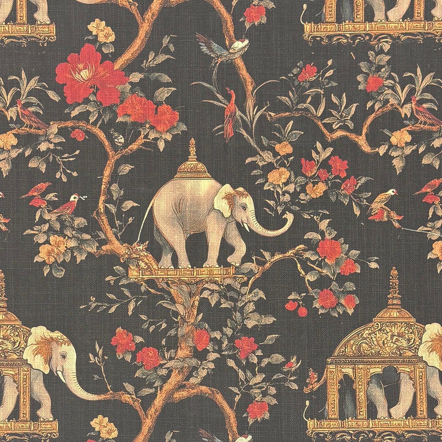 Close-up flat lay of Agra No.11 upholstery fabric – dark background with ornate elephant and floral motifs