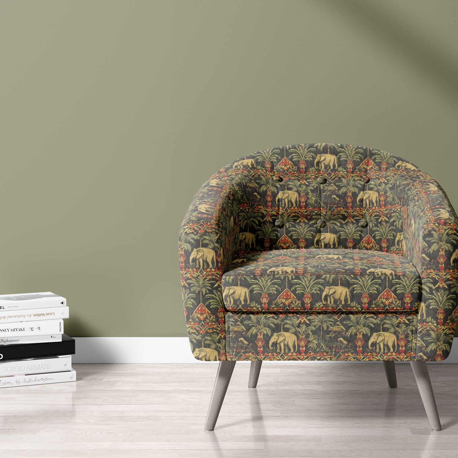 Chair upholstered in Agra No.12 fabric featuring tropical Indian elephants and palms on dark basecloth