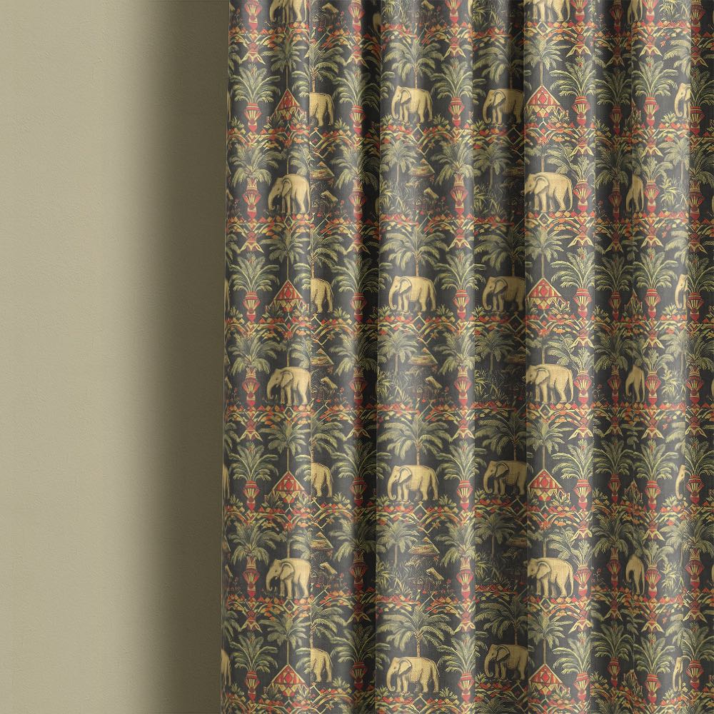 Agra No.12 curtain fabric made into full length curtains showing elephants, palms and Indian decorative pattern