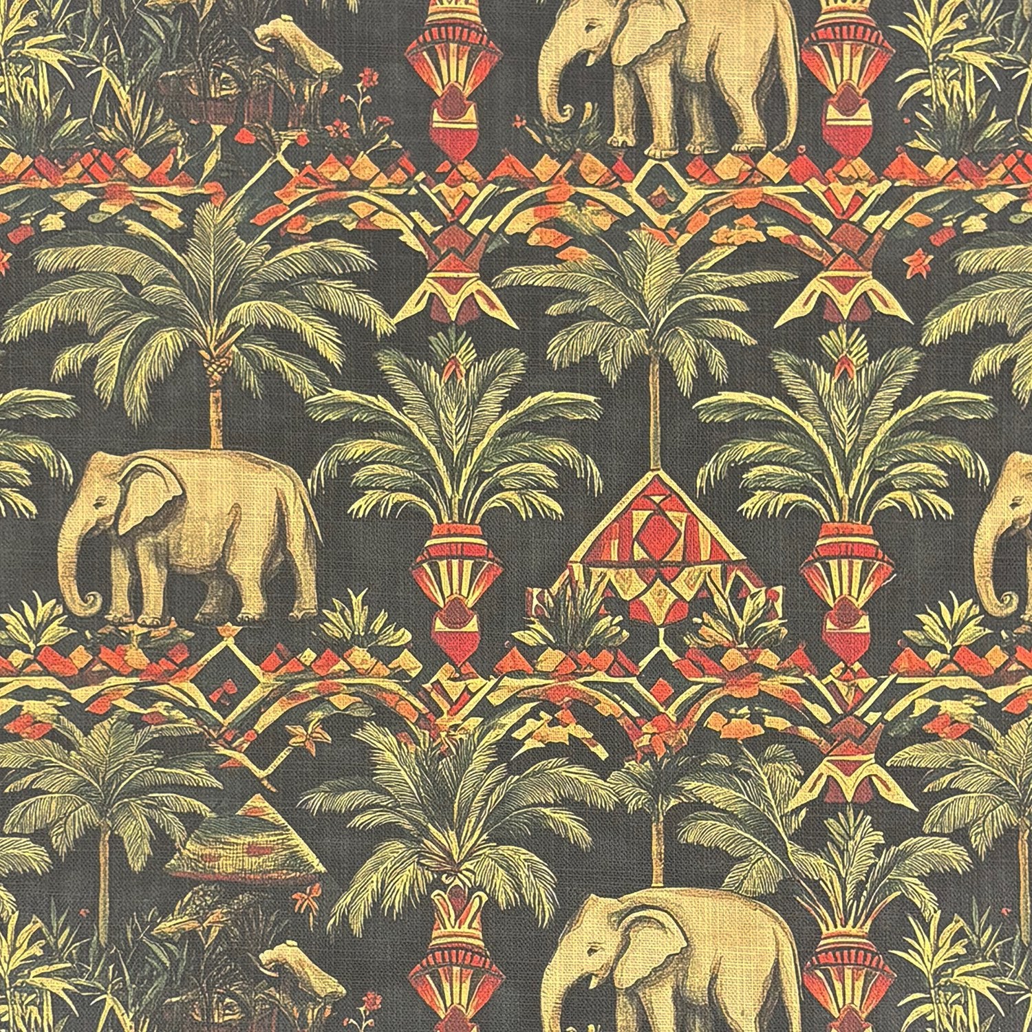 Flat lay of Agra No.12 multicoloured upholstery fabric with elephants and palm tree motifs on dark background
