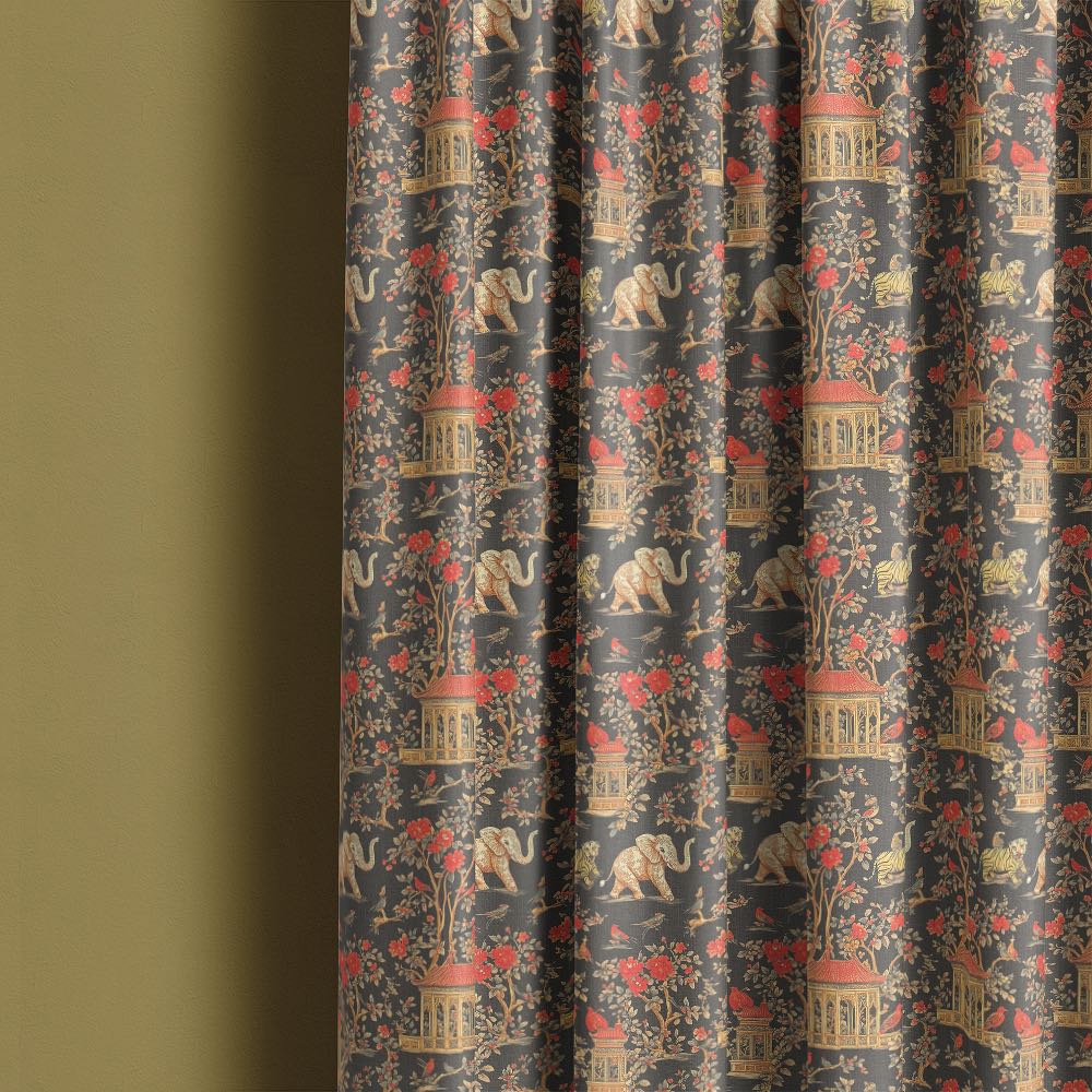 Agra No.13 curtain fabric made into full length curtains showing Indian wildlife and garden architecture design