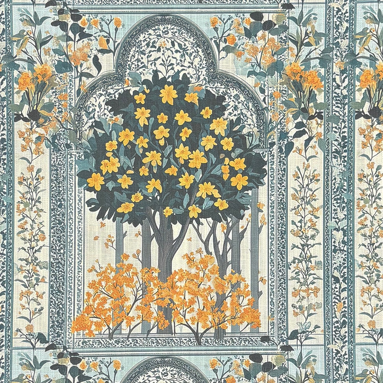 Agra No.14 yellow scenic panel design printed on linen blend upholstery fabric – close-up detail