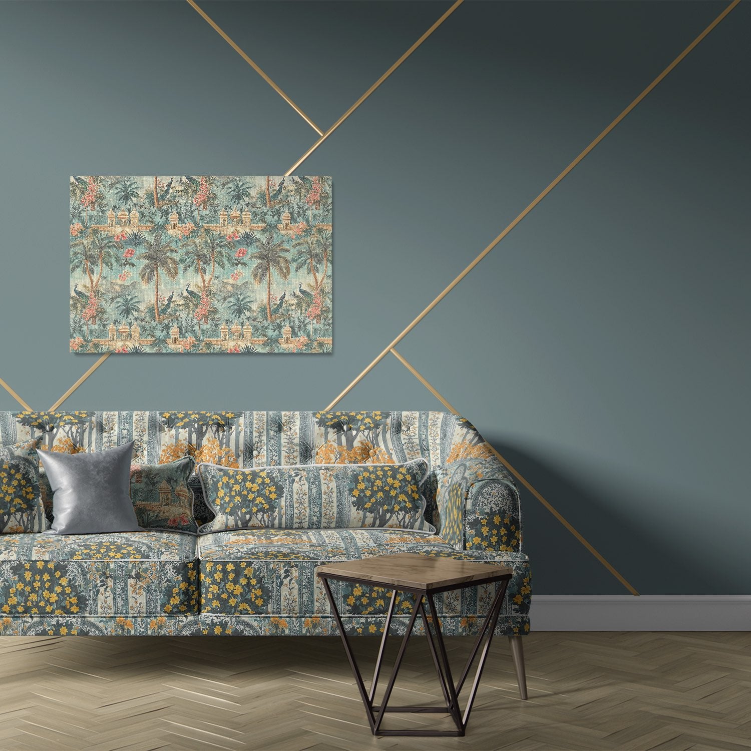 Sofa upholstered in Agra No.14 scenic striped upholstery fabric with yellow floral panels
