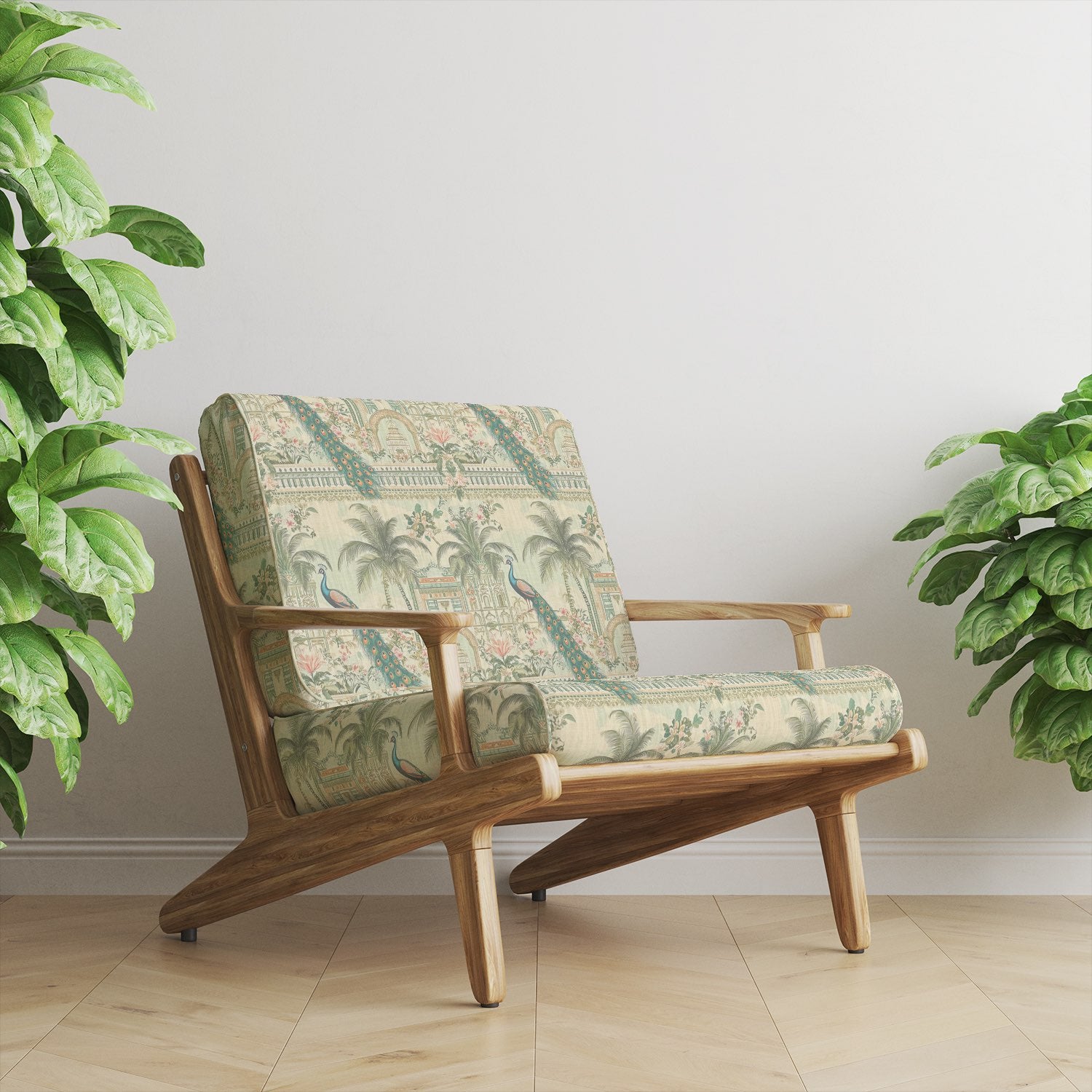 Mid-century chair upholstered in Agra No.1 upholstery fabric with Indian palace and peacock design