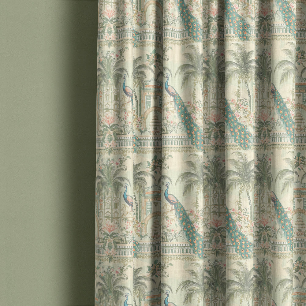 Agra No.1 curtain fabric made into full length curtains showing peacock motif and decorative Indian garden scene