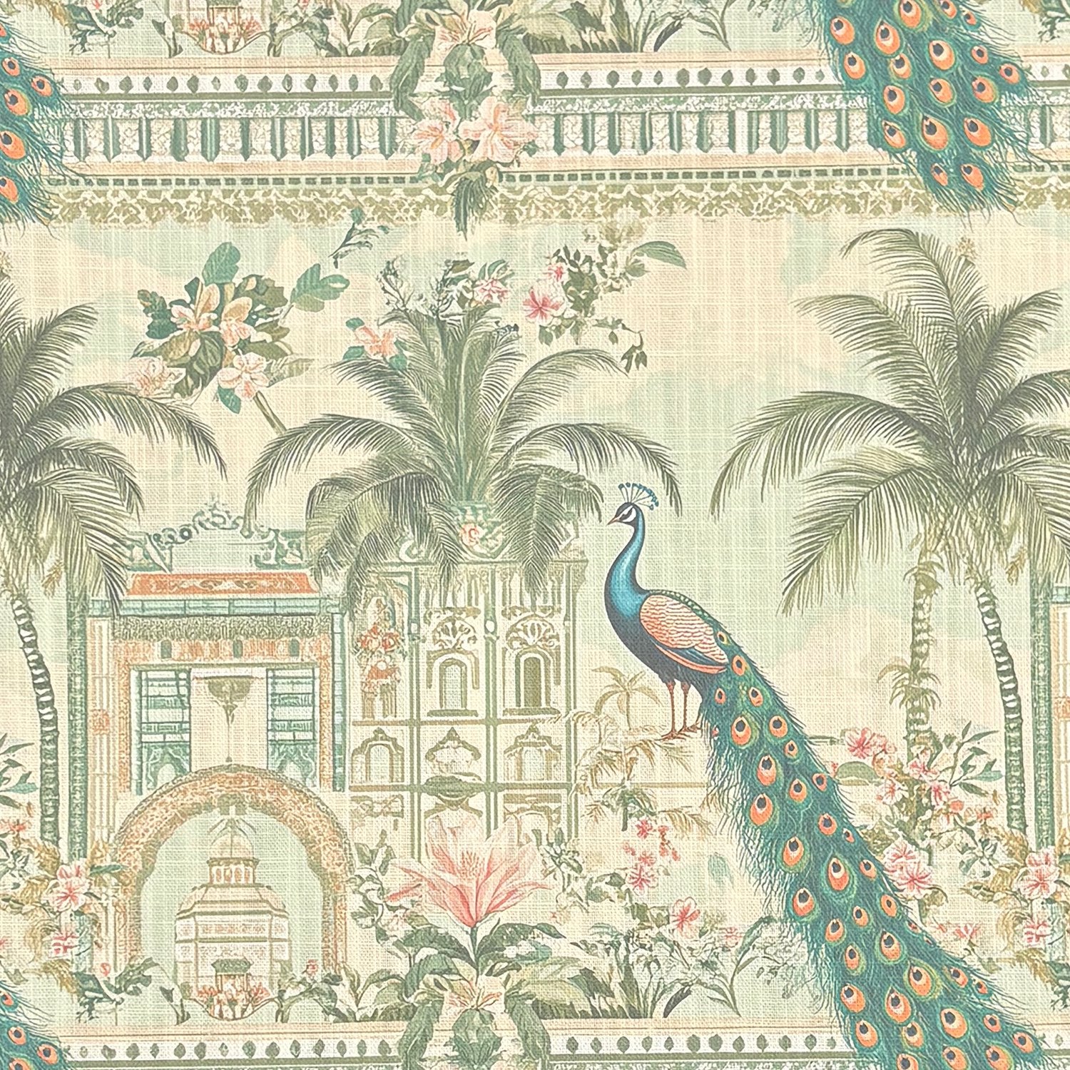 Agra No.1 upholstery fabric featuring illustrated peacocks, arches, florals, and tropical palms in soft heritage tones