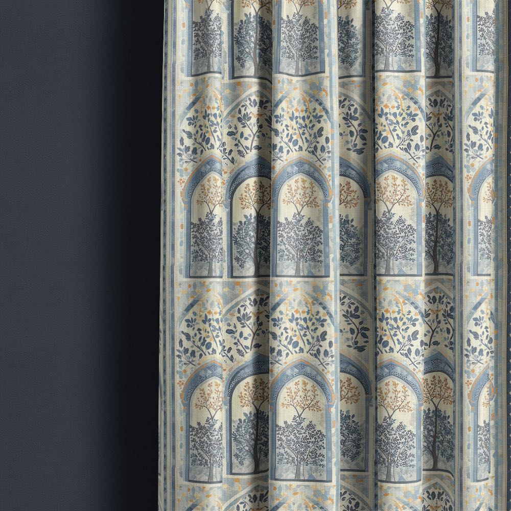 Agra No.2 curtain fabric made into full length curtains showing blue arch pattern and botanical tree motif