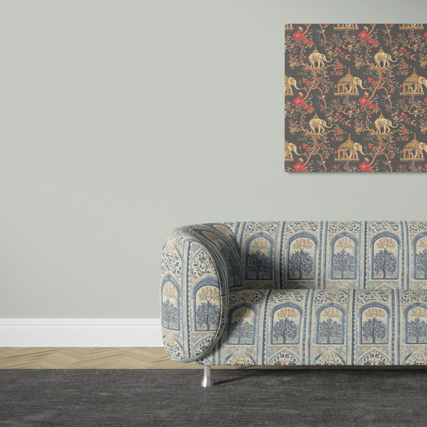 Sofa upholstered in Agra No.2 upholstery fabric with Indian architectural pattern in indigo and ochre
