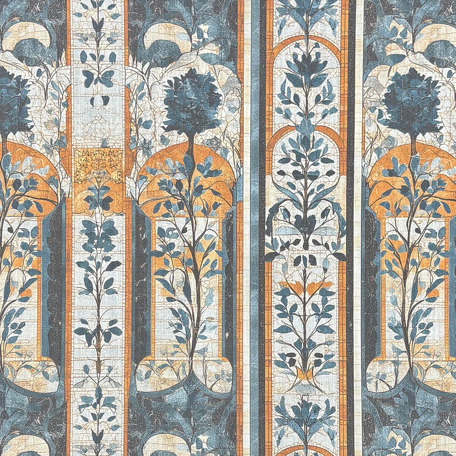Close-up of Agra No.3 Indian-inspired upholstery fabric with blue and orange foliage arches
