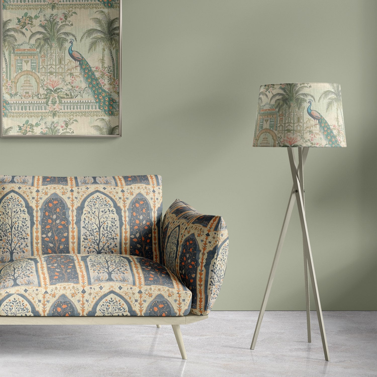  Agra No.4 multicoloured upholstery fabric on sofa with framed textile and lamp