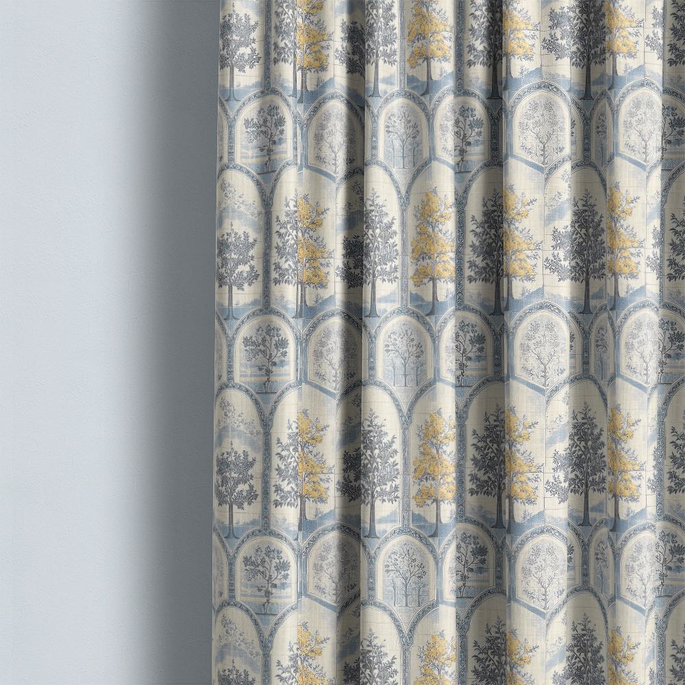 Agra No.5 curtain fabric made into full length curtains showing blue arches and yellow botanical trees