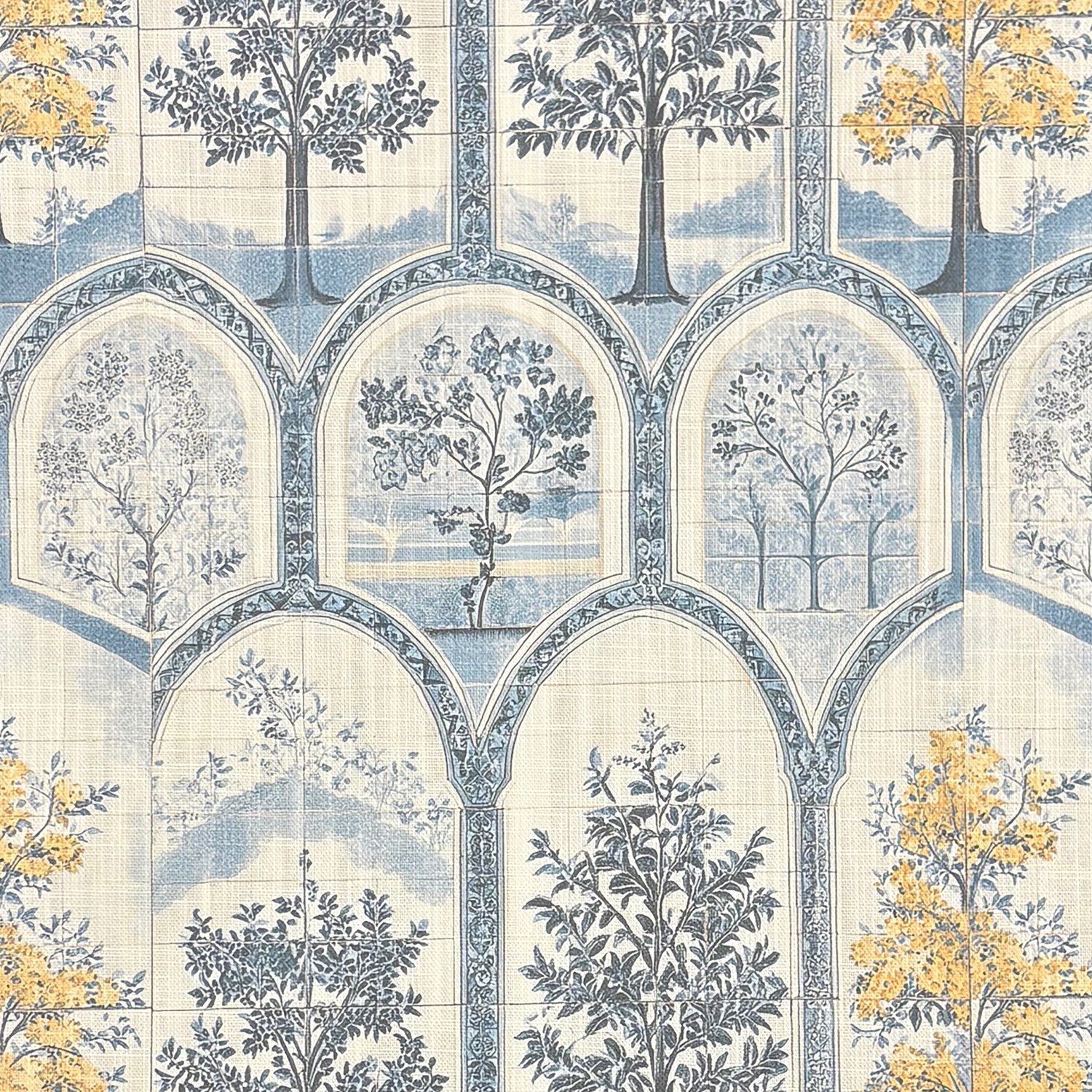 Flat lay of Agra No.5 Indian-inspired blue and ochre upholstery fabric with repeating arch and tree motif
