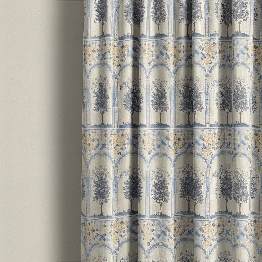 Agra No.6 curtain fabric made into full length curtains with blue arches and botanical trees