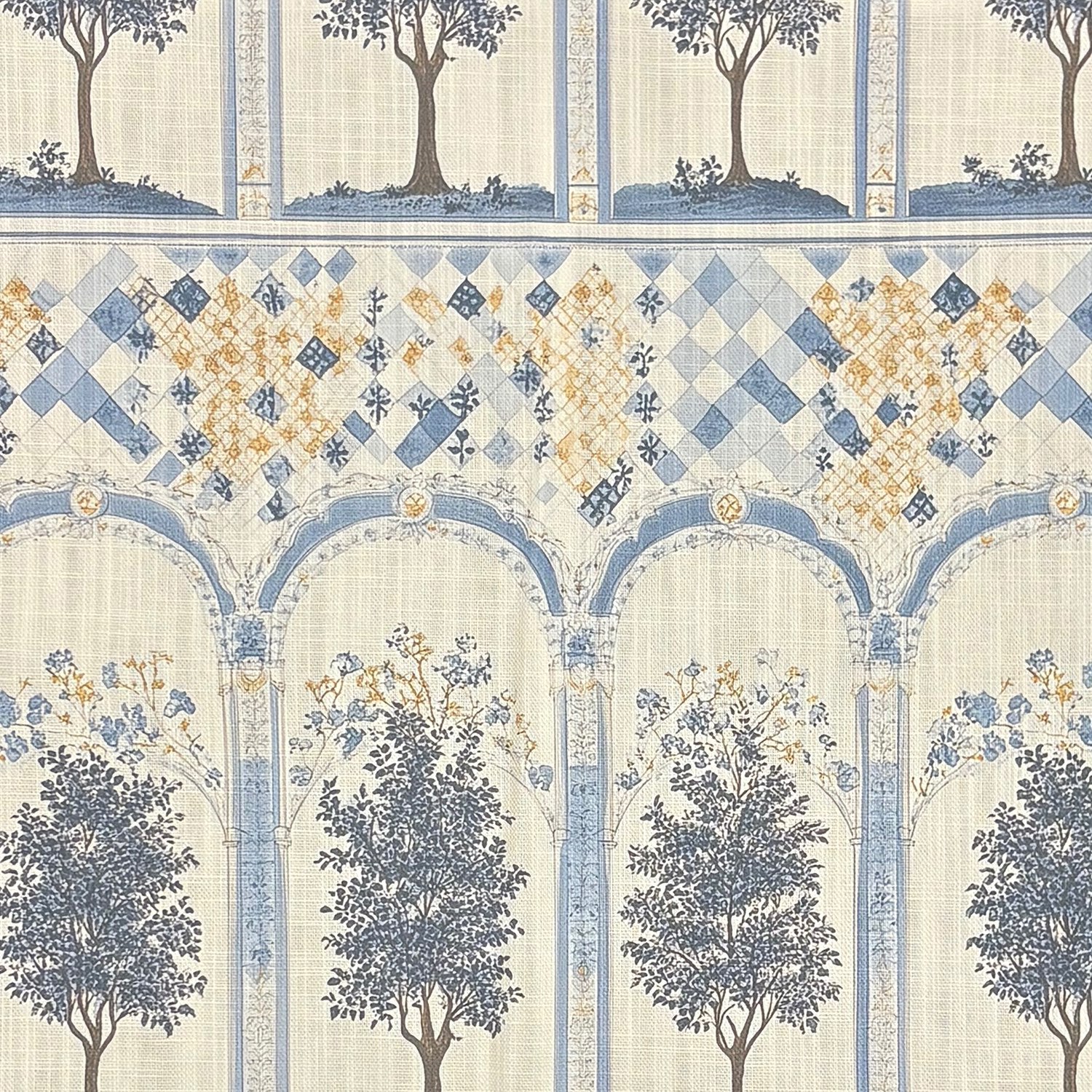 Flat lay of Agra No.6 upholstery fabric showing pale blue arches, ochre blossoms and Mughal-style tree motifs