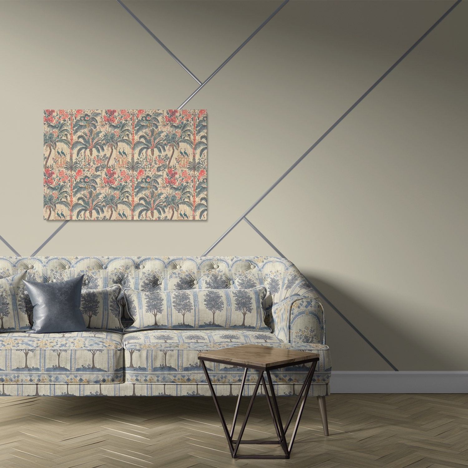 Sofa upholstered in Agra No.6 upholstery fabric with cream and blue tree design, styled in neutral interior setting