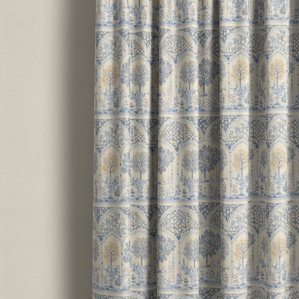 Agra No.7 curtain fabric made into full length curtains showing blue arches and yellow garden trees