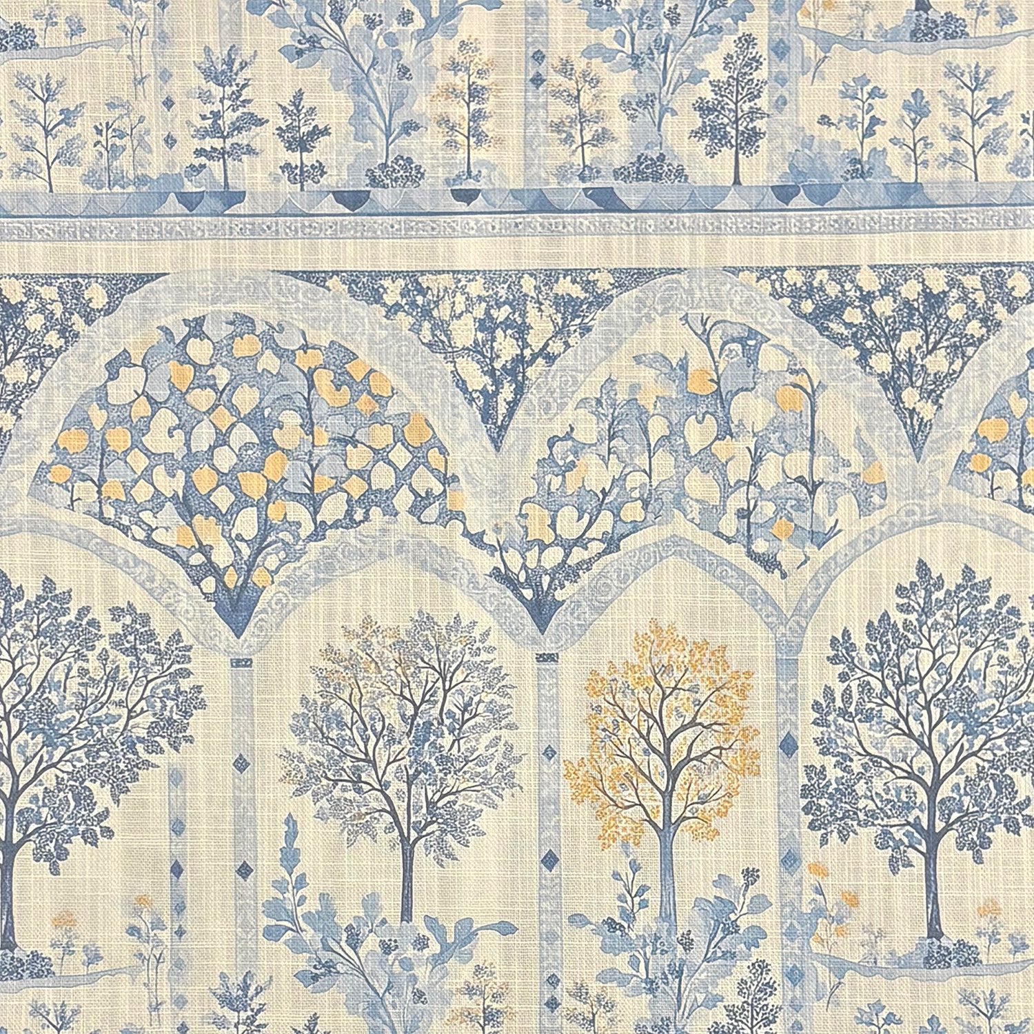 Close-up of Agra No.7 upholstery fabric showing Mughal-style arches and delicate tree pattern