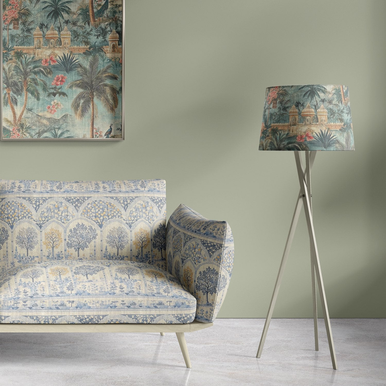Agra No.7 upholstery fabric on contemporary sofa with domed tree motifs in blue and ochre