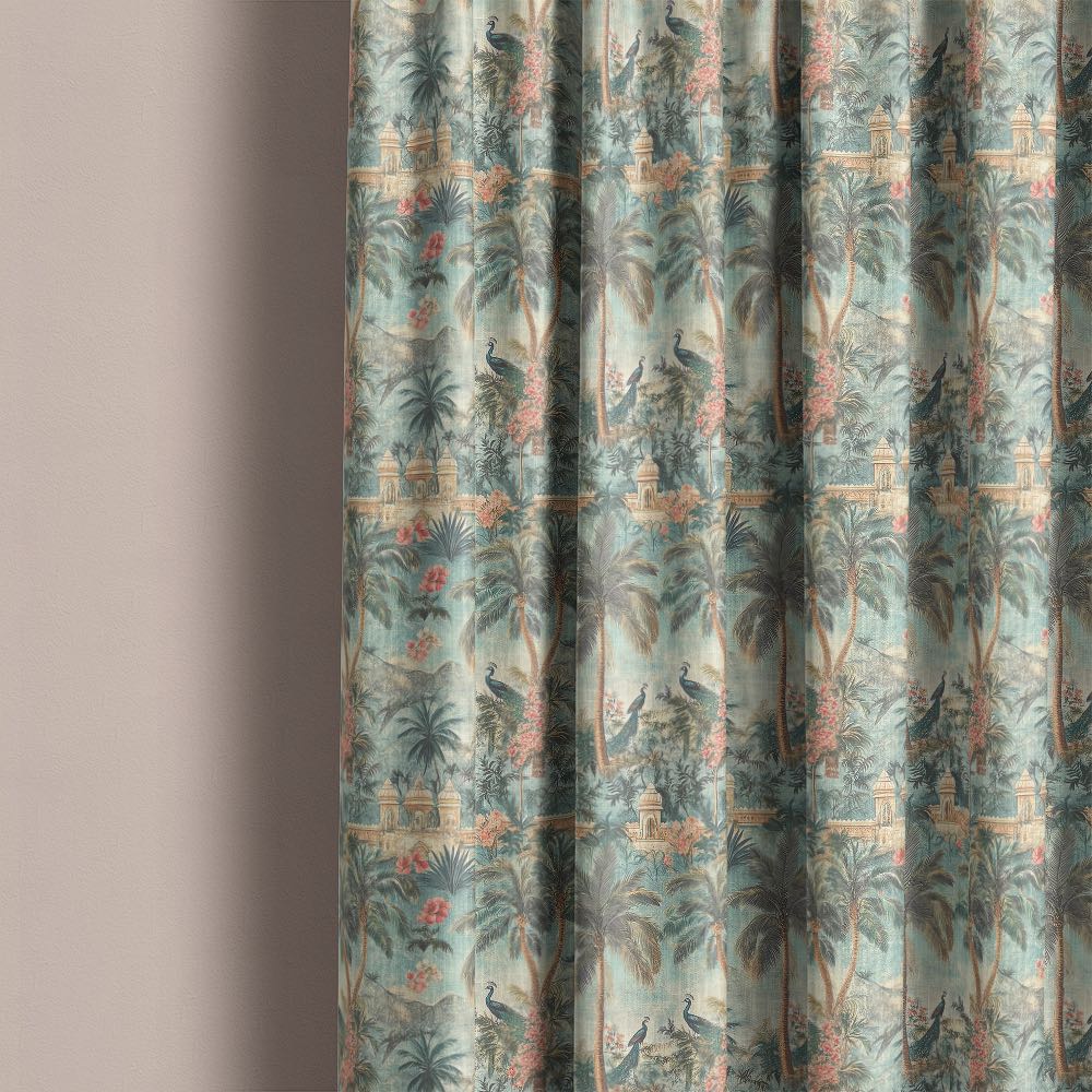 Agra No.8 curtain fabric made into full length curtains showing tropical palms, peacocks and architectural garden design