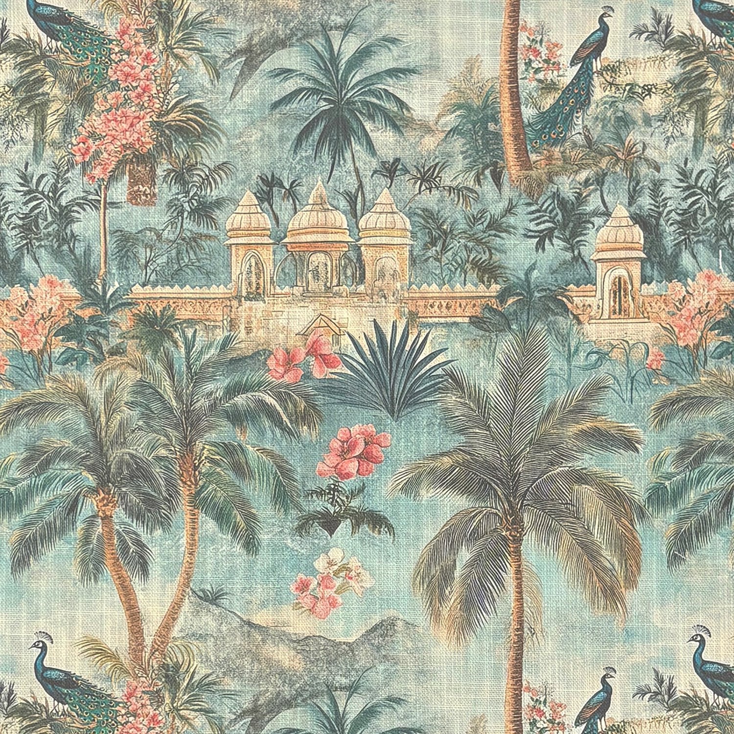 Flat lay of Agra No.8 upholstery fabric with palace, peacock and palm tree print