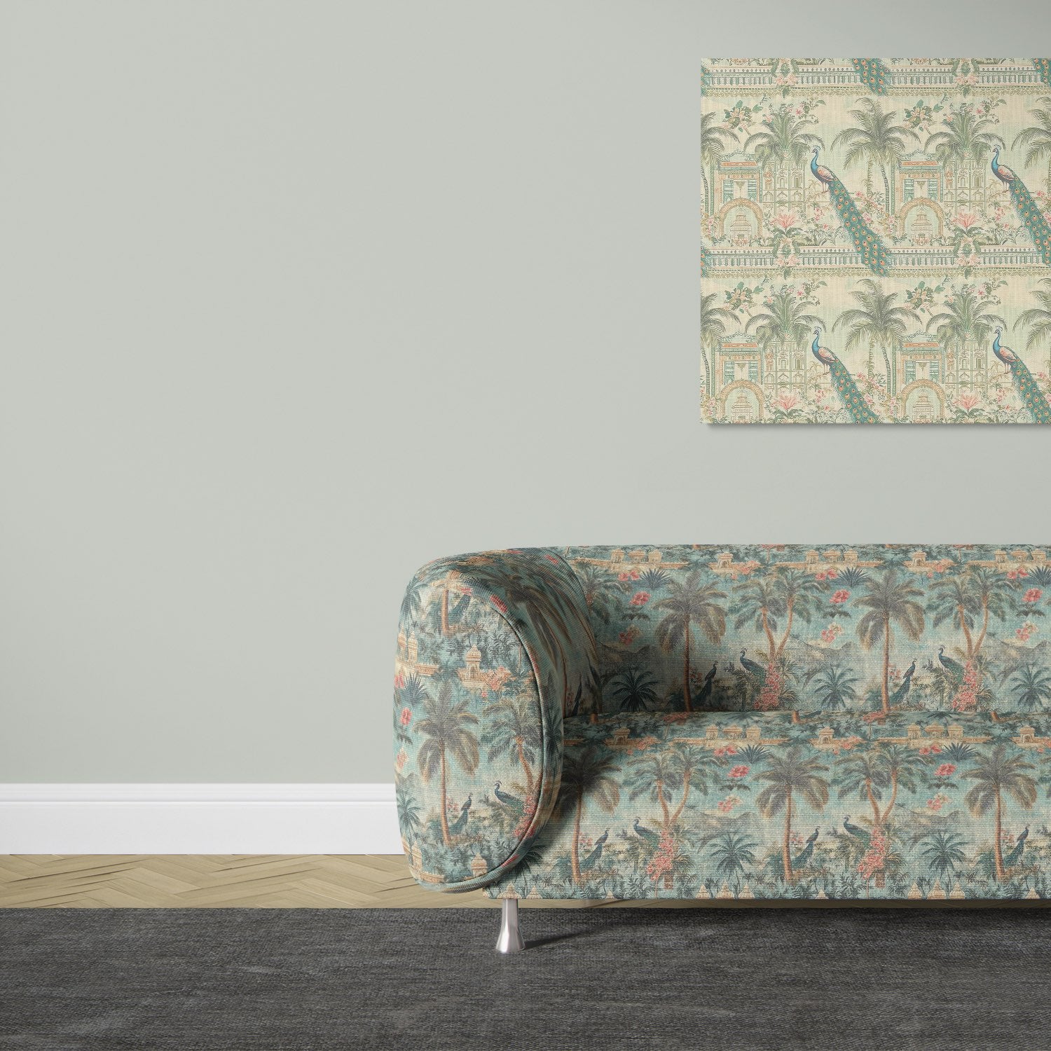 Agra No.8 upholstery fabric on curved sofa in teal and coral