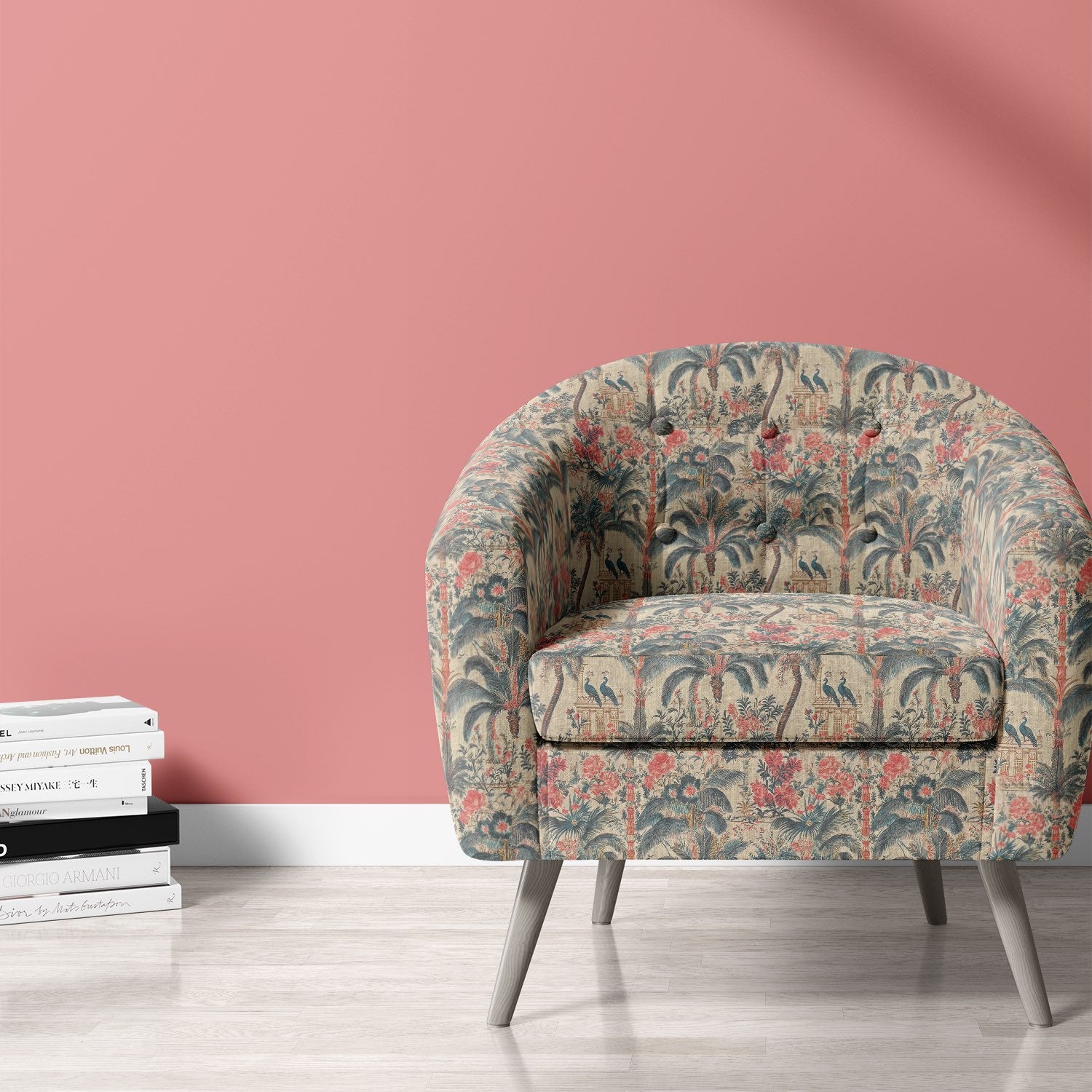 Armchair upholstered in Agra No.9 multicoloured floral and architectural linen-blend upholstery fabric