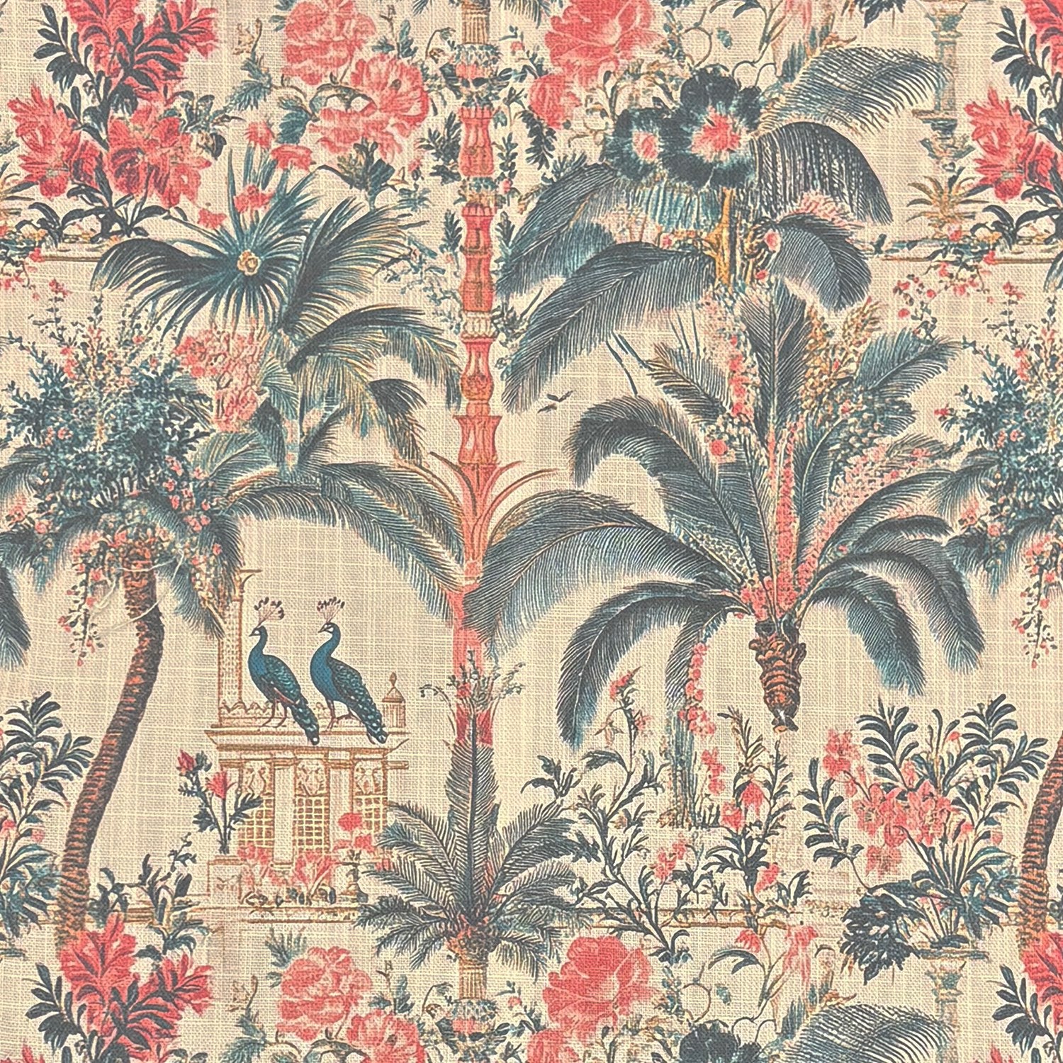 Flat lay of Agra No.9 Indian garden pavilion inspired upholstery fabric with coral and teal motif