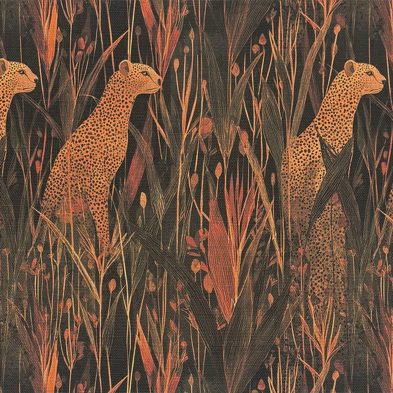 Animals No.10 orange red linen curtain fabric with cheetahs and dark botanical foliage